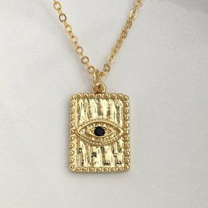 Gold Plated Evil Eye Rectangle All Seeing Eye Cubic Zirconia Charm Necklace